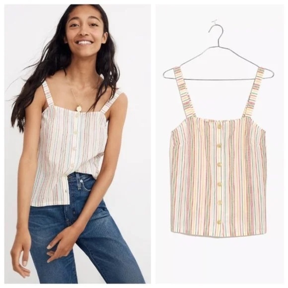 Madewell Rainbow Stripe Textured Button Front Tank - Picture 1 of 12